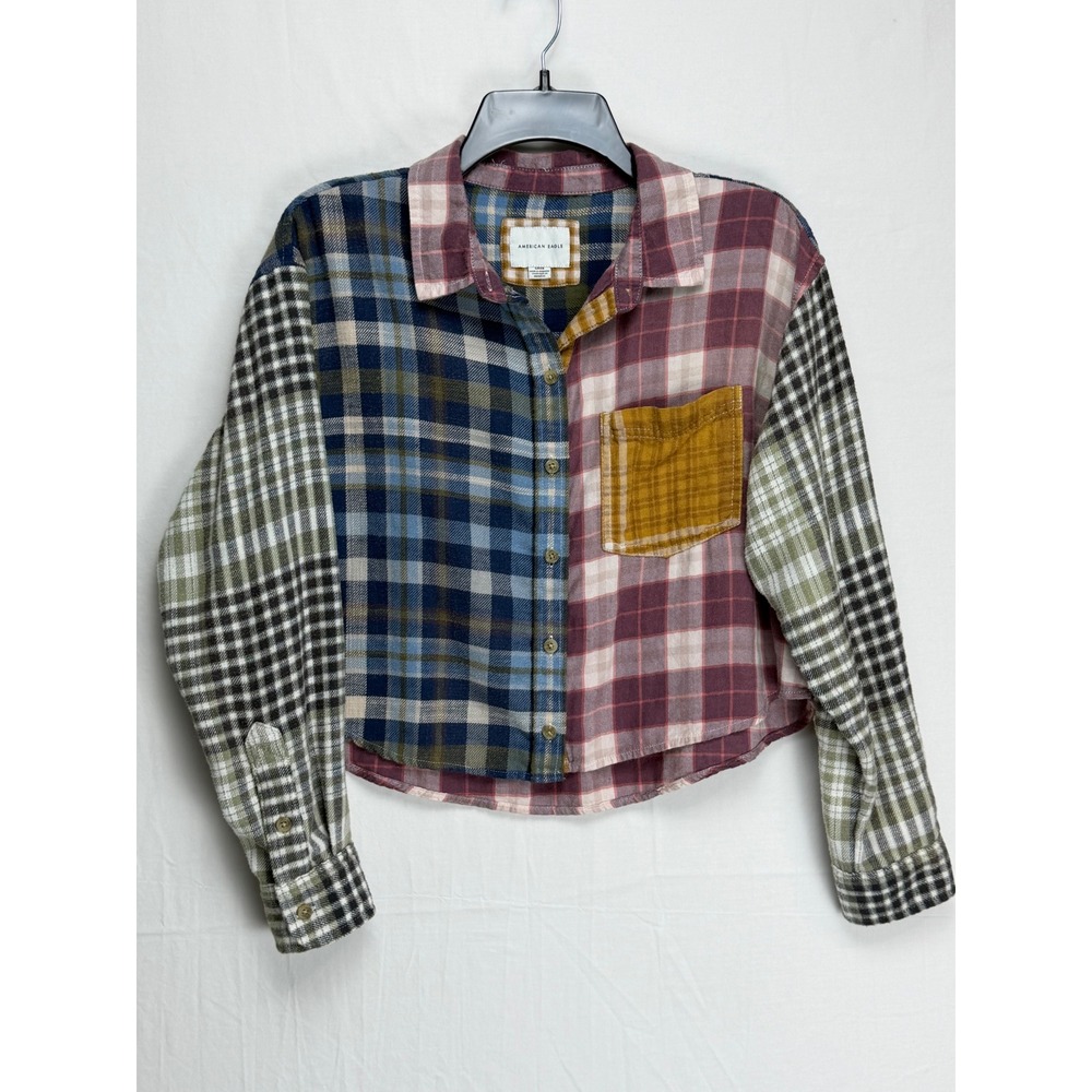 American Eagle Women Cotton Shirt S Multi Patchwork Plaid Cropped Button Up